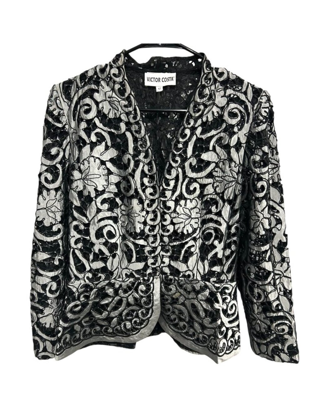 Victor Costa 12 Black Silver Floral Lace Jacket Romantic Goth Victorian Gothic